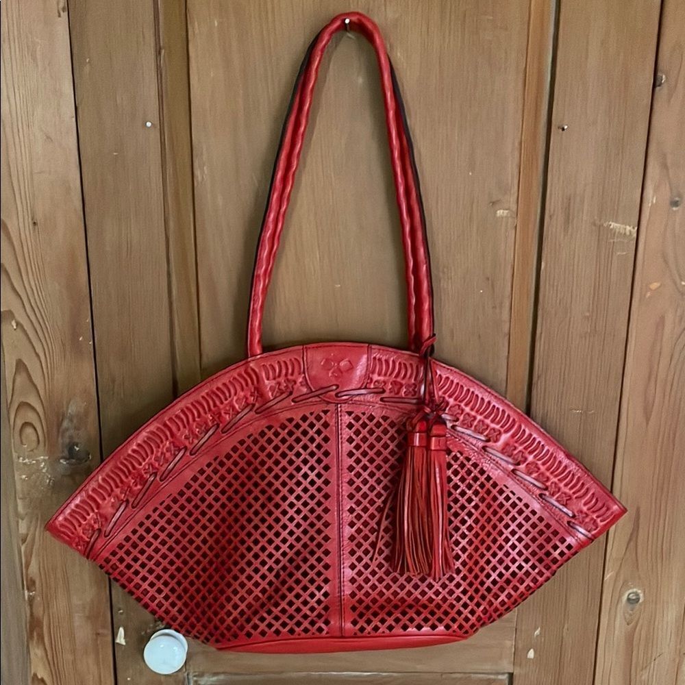 Patricia Nash Trope Dome Red Leather perforated Tote Bag